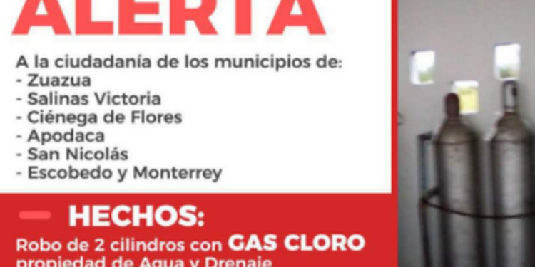 Emiten alerta por robo de dos cilindros con gas cloro en Nuevo León