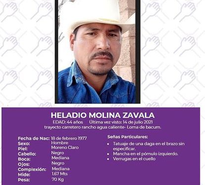 Cartel de búsqueda con la imagen de Heladio Molina Zavala, desaparecido en la ciudad de Cajeme (México).