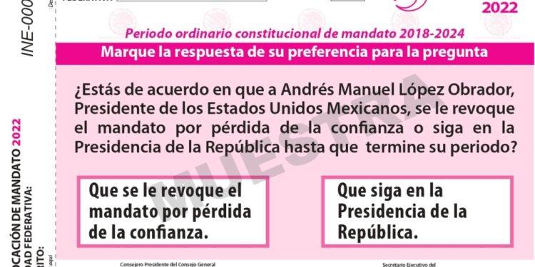 Imagen de una papeleta de muestra para la consulta de revocación de mandato en México.