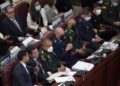 Los ministros del Interior Daniel Palacios y de Defensa, Diego Molano, junto a la cúpula militar en la moción de censura en el Congreso de Colombia.
