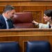 Santiago Abascal, presidente de Vox, y Macarena Olona, portavoz parlamentaria y ahora candidata a la Junta de Andalucía por la formación, este jueves en el Congreso.