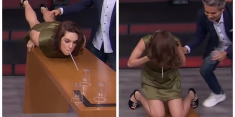 ¡Qué oso! Tania Rincón sufrió una bochornosa caída en vivo y ahora hasta 'debe' una mesa: VIDEO