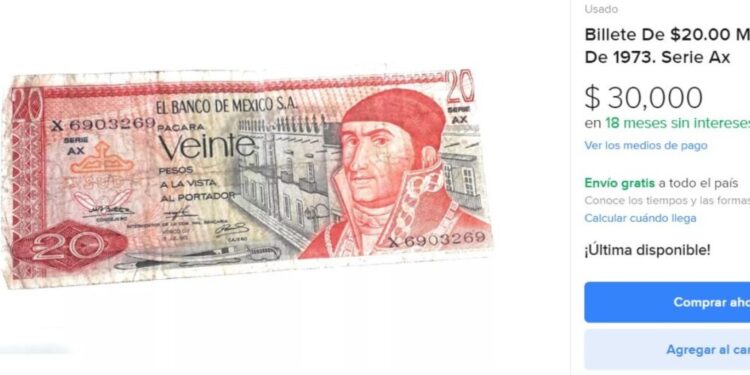 billete de 20 pesos se vende en 30 mil