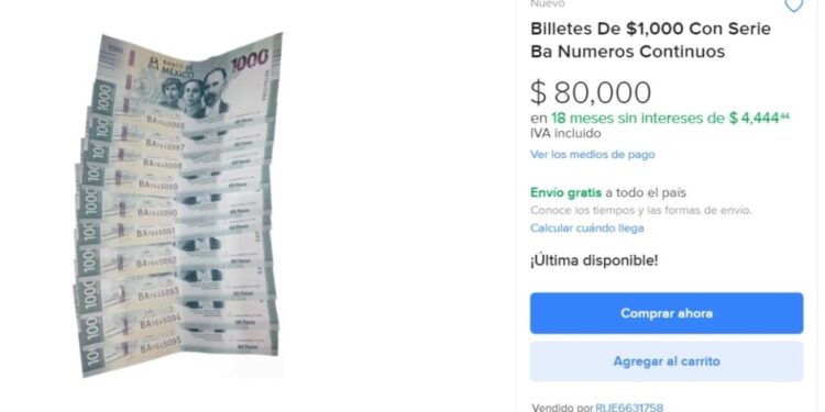 billete de mil pesos que se venden en mercado libre