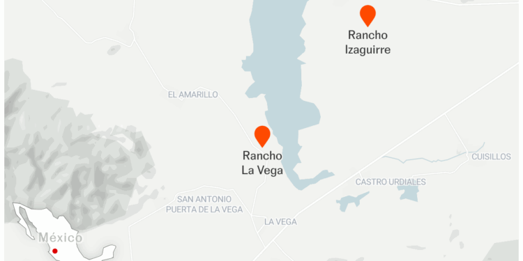 Rancho 'La Vega' a una distancia de 20 a 26 km del 'Rancho Izaguirre' (Mapas de ubicación)