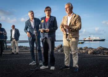 La ministra de Sanidad Mónica García, el ministro de Interior, Fernando Grande-Marlaska, y el titular de Política Territorial y Memoria Democrática, Ángel Víctor Torres, este domingo en el Puerto de Granadilla, con el crucero 'MV Hondius' de fondo.