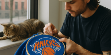 Artista neoyorquino bordando mercadería de los Knicks.