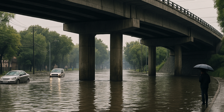 Desbordamiento pluvial bajo el puente Tlalpan