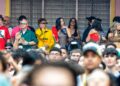 Un grupo de elegidos disfrutan del concierto de Bad Bunny en el Estado Metropolitano de Madrid en la Casita, el pasado martes.